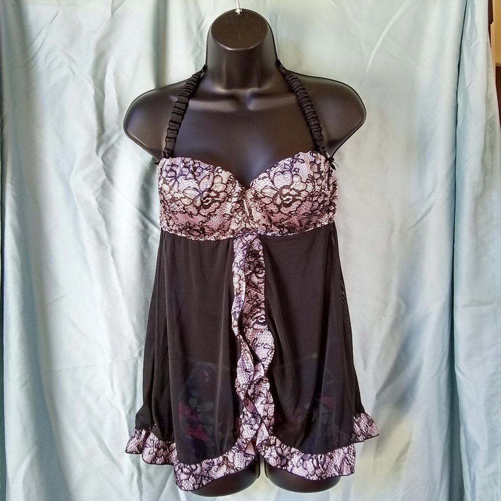 Frederick's Size Large Black Satin Sheer Cami Top Nighty